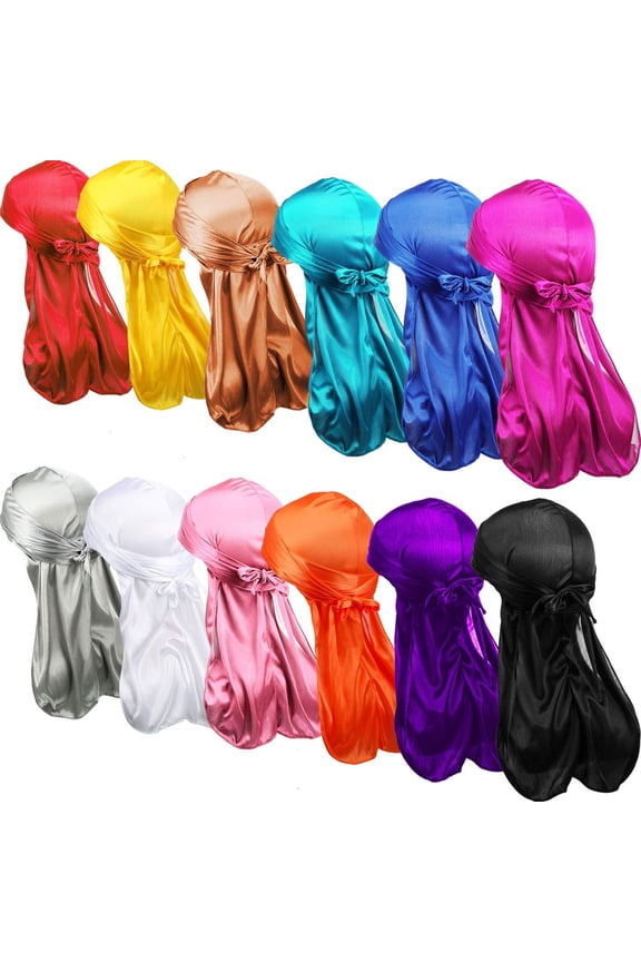 12 Pieces Silky Durag Long Tailed Turban Headwear Beanie Cap Headwraps for Men Women Running Fitness Cycling Hiking Camping