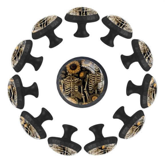 12 Pieces Skeleton with Sunflowers Aesthetic Pattern Glass Knobs for Dresser Drawers, 1.37 x 1.10 IN Round Kitchen Cabinet Pulls For Home Office Nursery Kids Room