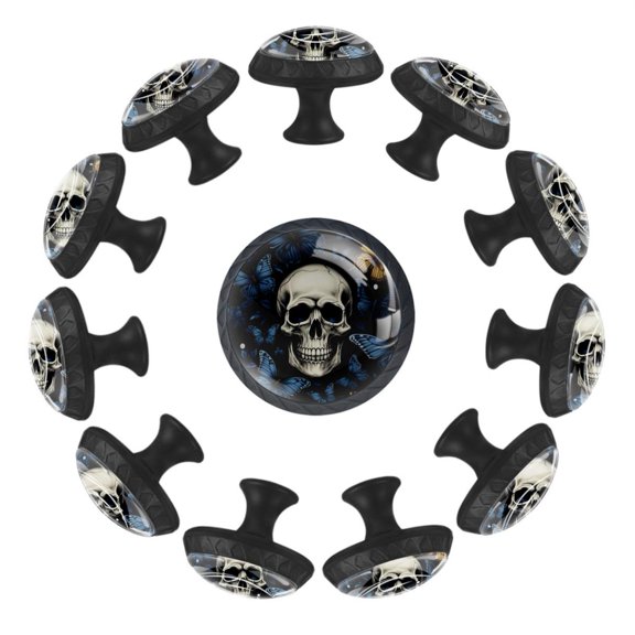 12 Pieces Skull and Butterflies Aesthetic Pattern Glass Knobs for Dresser Drawers, 1.37 x 1.10 IN Round Kitchen Cabinet Pulls For Home Office Nursery Kids Room
