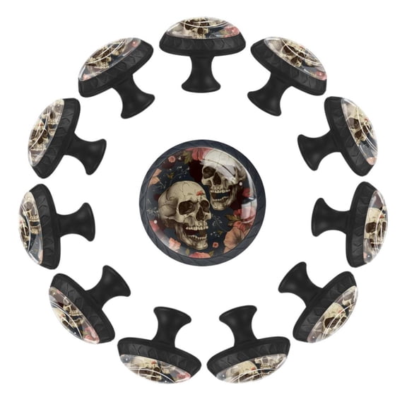 12 Pieces Skulls with Flowers Vintage Pattern Glass Knobs for Dresser Drawers, 1.37 x 1.10 IN Round Kitchen Cabinet Pulls For Home Office Nursery Kids Room