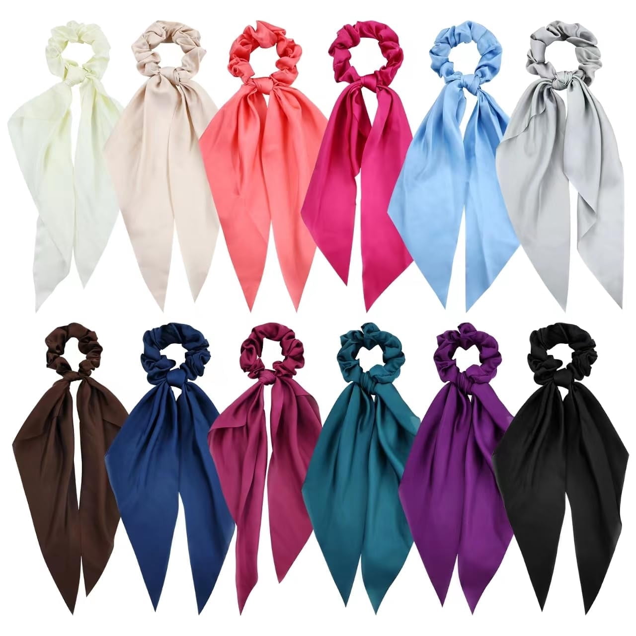 12 Pieces Solid Silky Satin Chiffon Hair Ties with Long Ribbon Bow Tail Hair Scrunchies Ponytail Holders Rubber Bands Accessories for Women Girls Teens