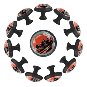 12 Pieces Speeding Racing Car with Checkered Flag and Racetrack Glass Knobs for Dresser Drawers, 1.37 x 1.10 IN Round Kitchen Cabinet Pulls For Home Office Nursery Kids Room