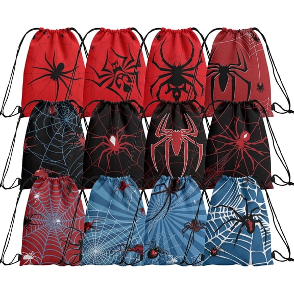 12 Pieces Spider Hero Candy Drawstring Bag, Spider Drawstring Goodie Favor Bags for Kids Birthday Party Decorations 13.4x16inch