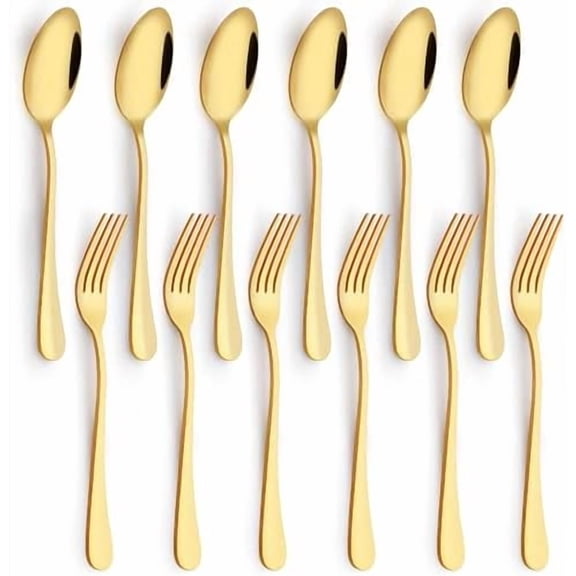 12 Pieces Spoons and Forks Set,Food Grade Stainless Steel Flatware Cutlery Set,6 Forks(6.8 inch)and 6 Spoons(6.6inch)Silverware Set for Home,Kitchen,Restaurant-Mirror Polished & Dishwasher Safe(Gold)