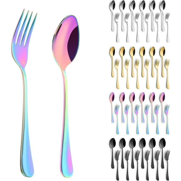 12 Pieces Spoons and Forks Set,Food Grade Stainless Steel Flatware Cutlery Set,6 Forks and 6 Spoons Silverware Set for Home,Kitchen,Restaurant-Mirror Polished & Dishwasher Safe(Rainbow)