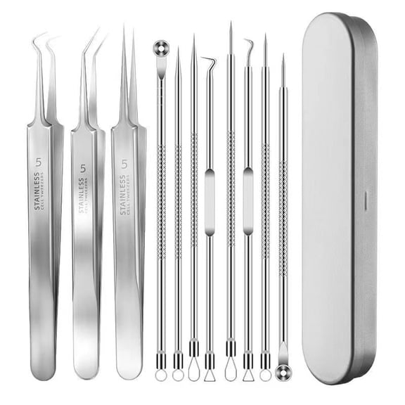 12 Pieces Stainless Steel Blackhead Remover Tool Kit, Professional Acne Comedone Extractor Set with Ear Pick, Silver Pimple Tool Kit in Metal Tin Box