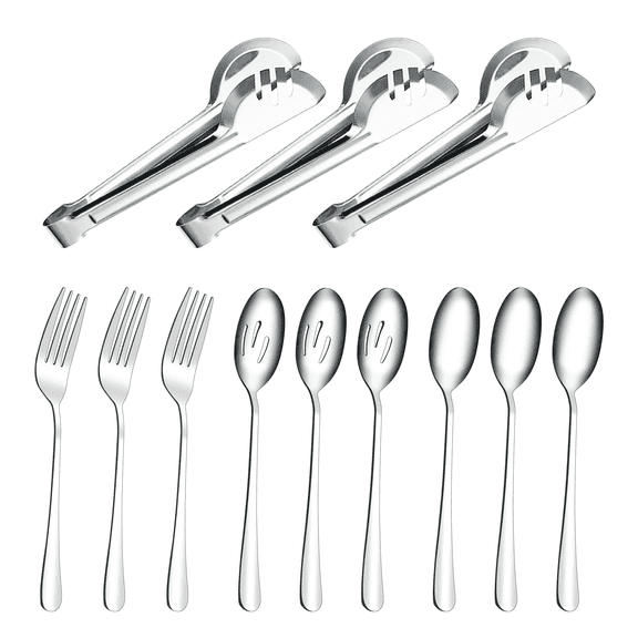 iDiskk 12 Pieces Stainless Steel Serving Utensils ,Slotted Spoon/ Spoon/ Fork/Serving Tongs,Sliver