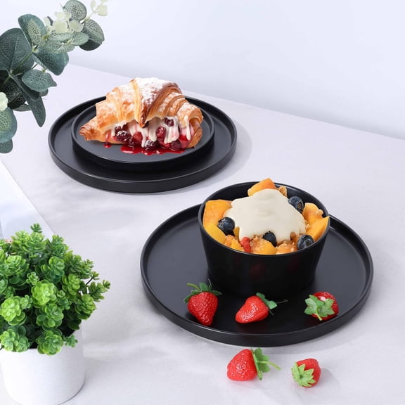 12 Pieces Stoneware Dinnerware Set, Service for 4, Dinner Plates and Bowls Sets, Double Reactive Glaze Dishes Set for Kitchen, Scratch Resistant, Dishwasher Safe, Matte Black