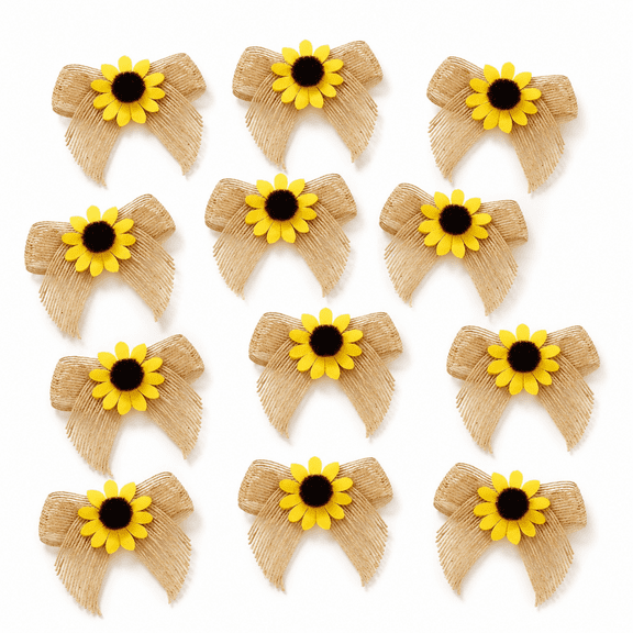 12 Pieces Sunflower Burlap Ribbon Bow 3 Inch Wide Handmade Artificial Sunflower Decor for Wreaths, Bows for Christmas Tree, Summer Fall Tree DIY Home Decoration