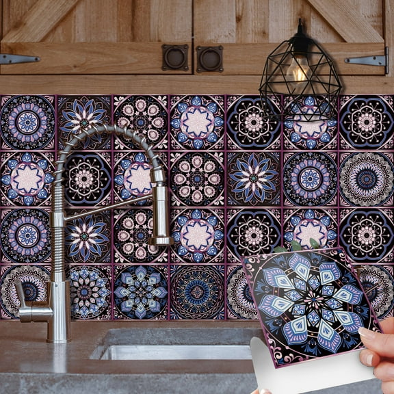12 Pieces Tiles Stickers Kitchen Backsplash Decals 4x4inch Purple Mandala Wall Stickers Vinyl Peel and Stick Bathroom Stairs Decor