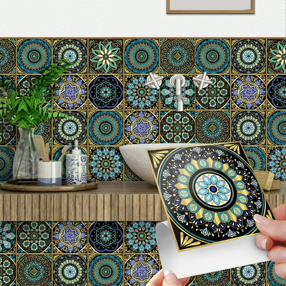 12 Pieces Tiles Stickers Kitchen Bathroom Decals 8x8inch Mandala Wall Stickers Vinyl Peel and Stick Stairs DIY Decor