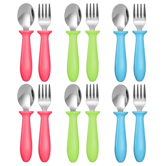 12 Pieces Toddler Utensils, Kids Silverware Set with Plastic Handle Stainless Steel Children Forks and Spoons, Dishwasher Safe (Bright Colors)
