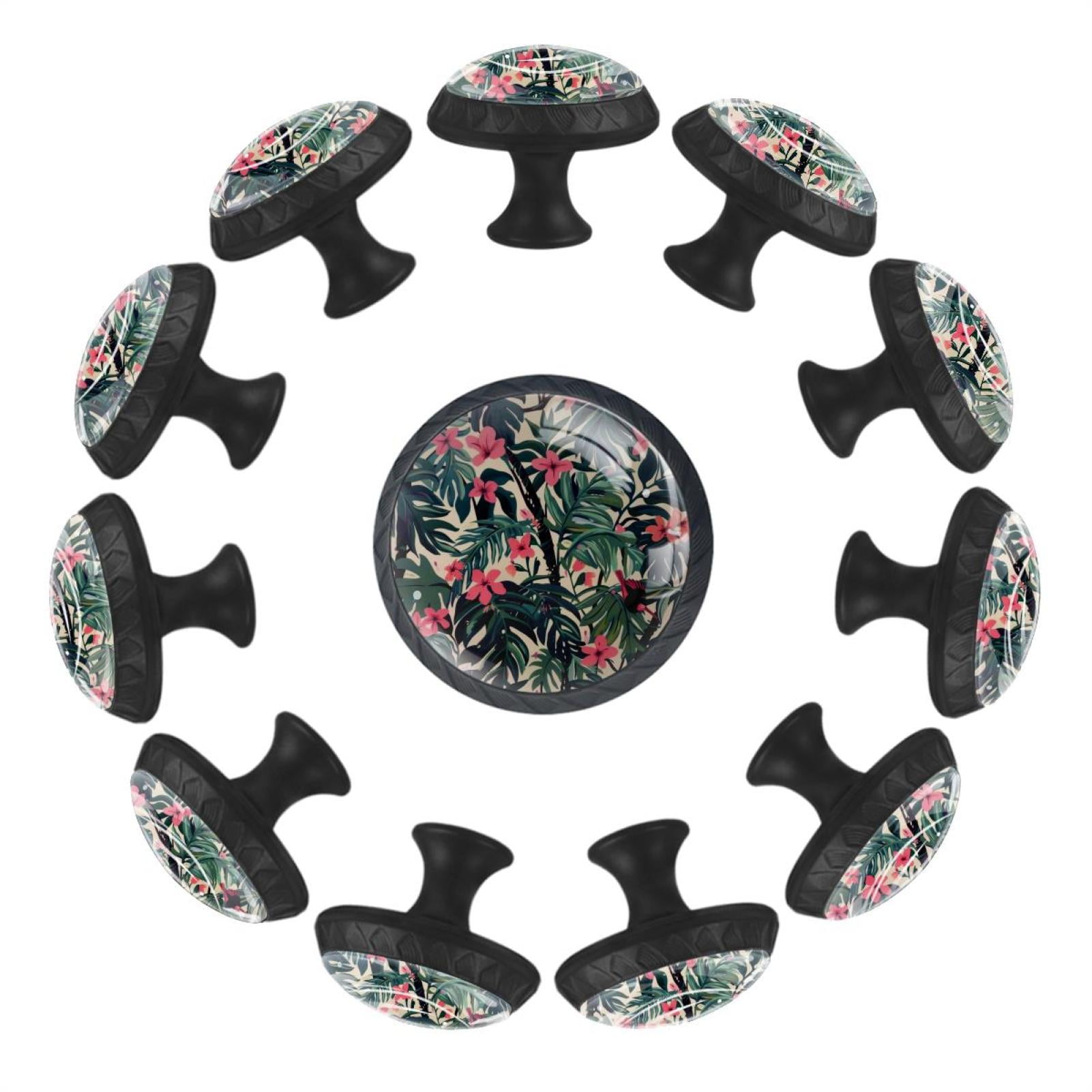 12 Pieces Tropical Flowers Pink Pattern Glass Knobs for Dresser Drawers