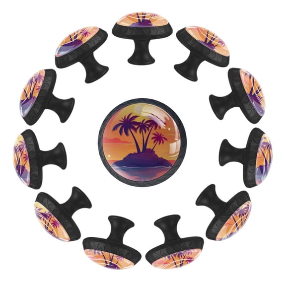 12 Pieces Tropical Island and Palm Trees on Sunset Background Glass Knobs for Dresser Drawers, 1.37 x 1.10 IN Round Kitchen Cabinet Pulls For Home Office Nursery Kids Room