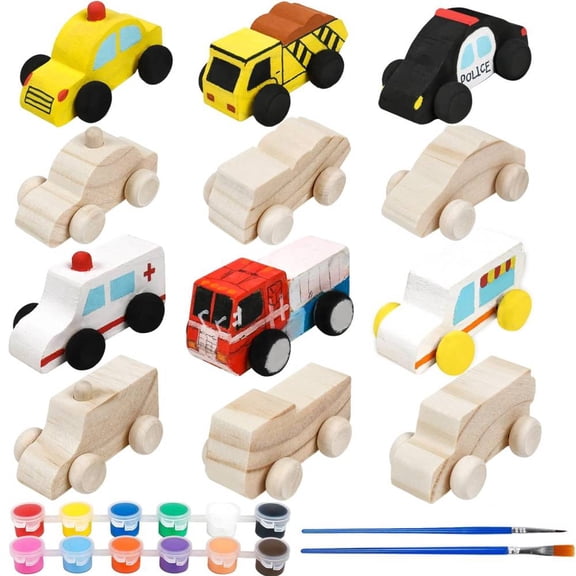 12 Pieces Unfinished Wooden Cars Wood DIY Car Toys Wood Crafts Painting Crafts Kit for Student Easy Woodworking Set Family Activities Arts and Crafts Kit