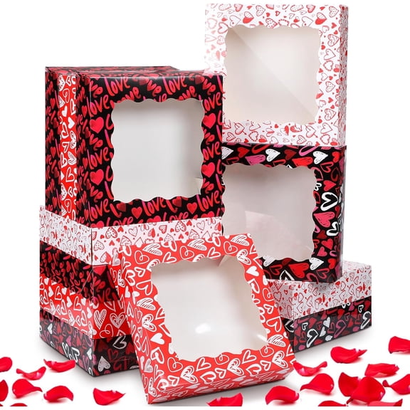 12 Pieces Valentine Cookie Boxes Valentines Day Treat Boxes with Window PVC Heart Bakery Dessert Container Auto Popup Pastry Case for Strawberries, Donuts, Pies, Cake(9.8 x 9.8 x 2.5 Inch)