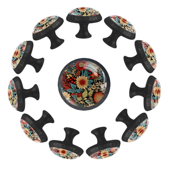 12 Pieces Vintage Flowers Pattern Glass Knobs for Dresser Drawers, 1.37 x 1.10 IN Round Kitchen Cabinet Pulls For Home Office Nursery Kids Room