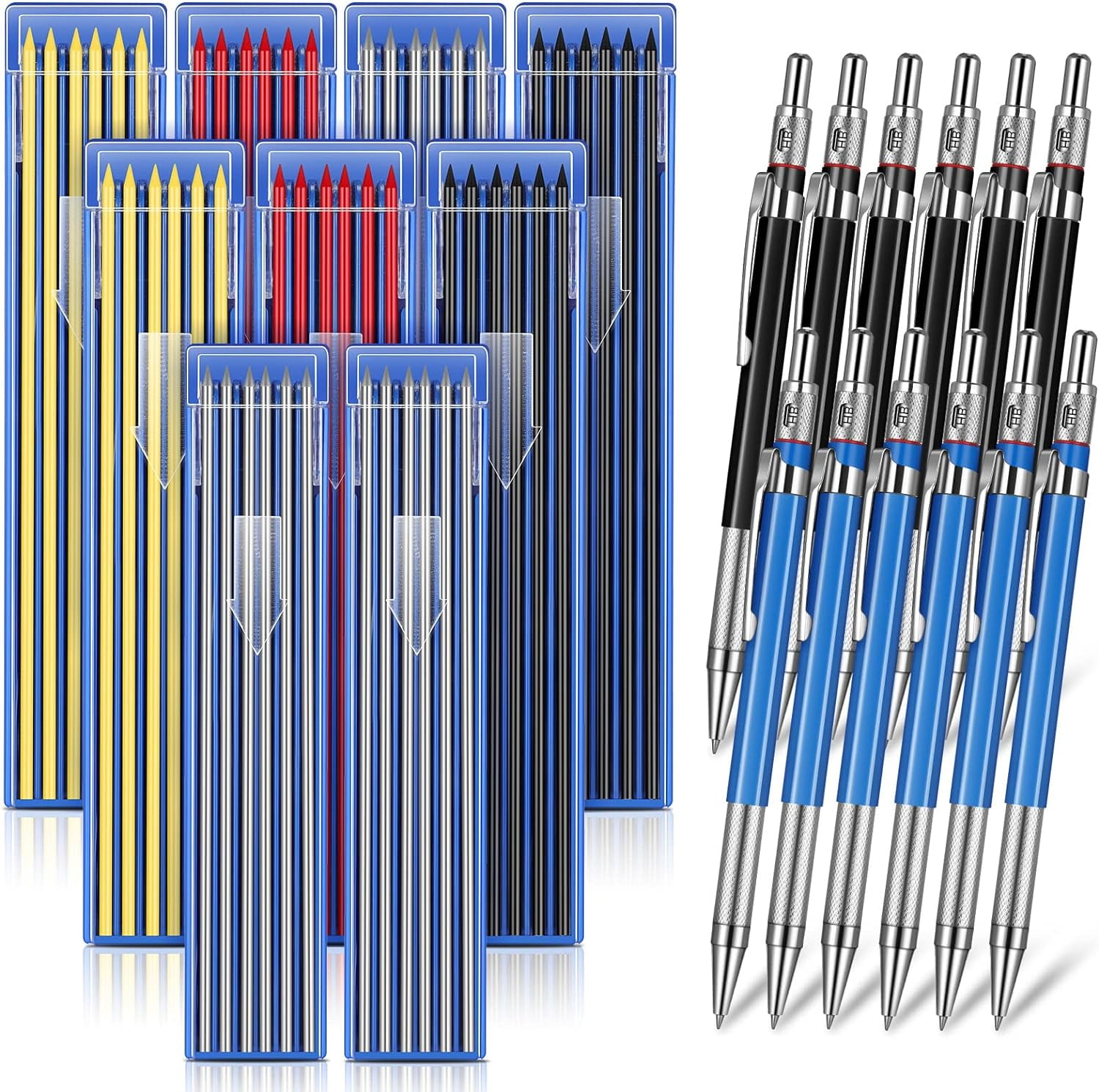 12 Pieces Welder Pencil with 108 Pieces Round Refills Mechanical Metal Pencil Marker with Built in Sharpener Pen for Construction Workers, Metal Work, Plumbers, Framers