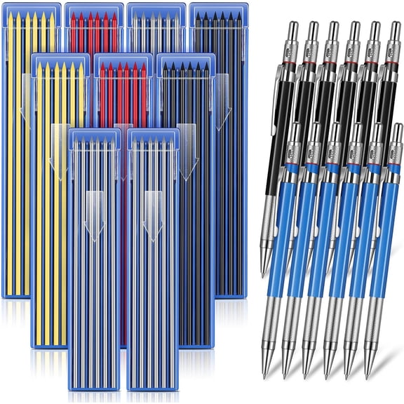 12 Pieces Welder Pencil with 108 Pieces Round Refills Mechanical Metal Pencil Marker with Built in Sharpener Pen for Construction Workers, Metal Work, Plumbers, Framers