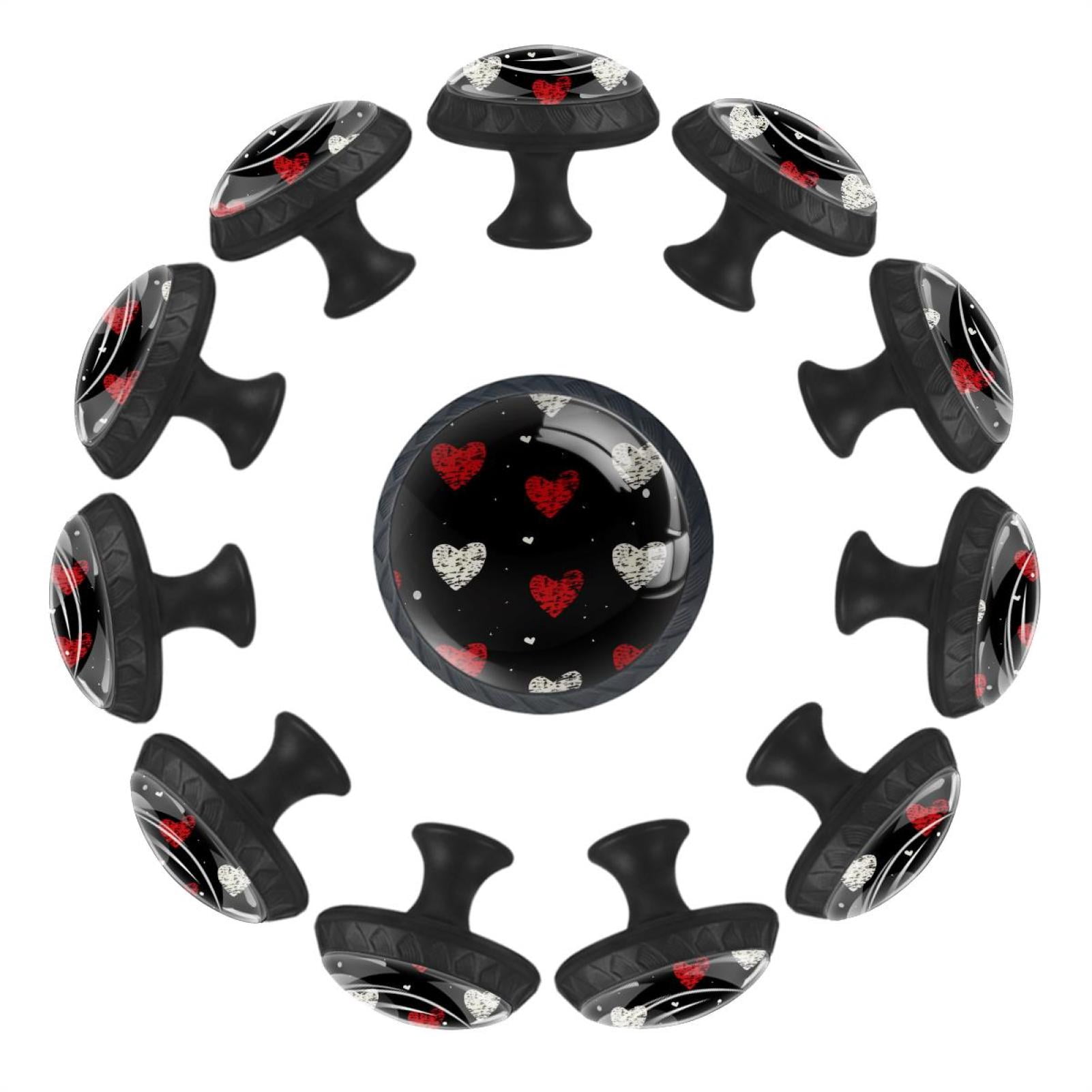 12 Pieces White and Red Hearts on Black Glass Knobs for Dresser Drawers, 1.37 x 1.10 IN Round Kitchen Cabinet Pulls For Home Office Nursery Kids Room