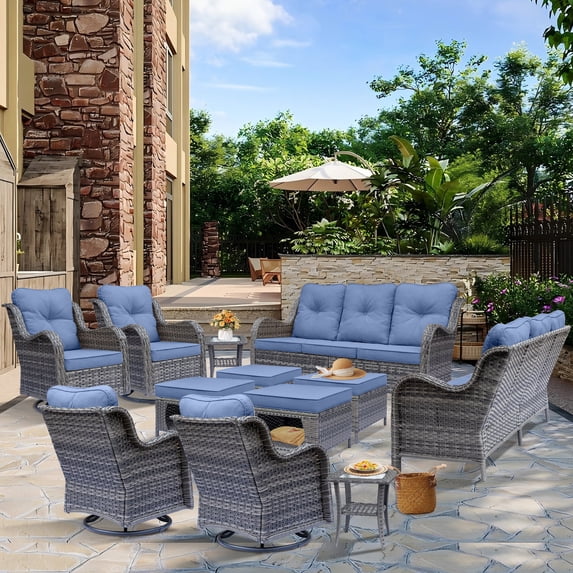 Fulljojor twelve Pieces Outdoor Patio Furniture Set, Rattan Wicker Sectional Swivel Rocker Chairs Sets
