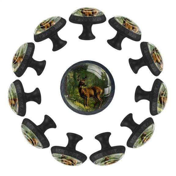 12 Pieces Wildlife Deer Forest Glass Knobs for Dresser Drawers, 1.37 x 1.10 IN Round Kitchen Cabinet Pulls For Home Office Nursery Kids Room