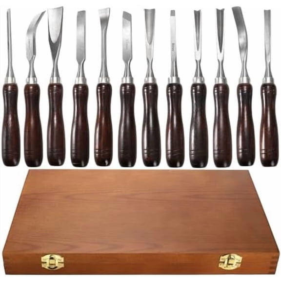 12 Pieces Wood Chisel Set, Woodworking Carving Tools with Wooden Box, CR-V Steel Edge Blade with Premium Wood Handle, Professional Wood Gouge Turning Tools for Craftsman Carpenter Beginners