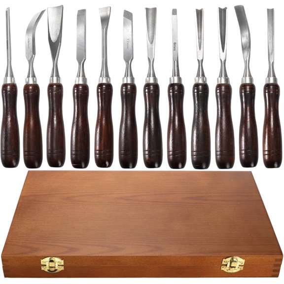 12 Pieces Wood Chisel Set, Woodworking Carving Tools with Wooden Box, CR-V Steel Edge Blade with Premium Wood Handle, Professional Wood Gouge Turning Tools for Craftsman Carpenter Beginners