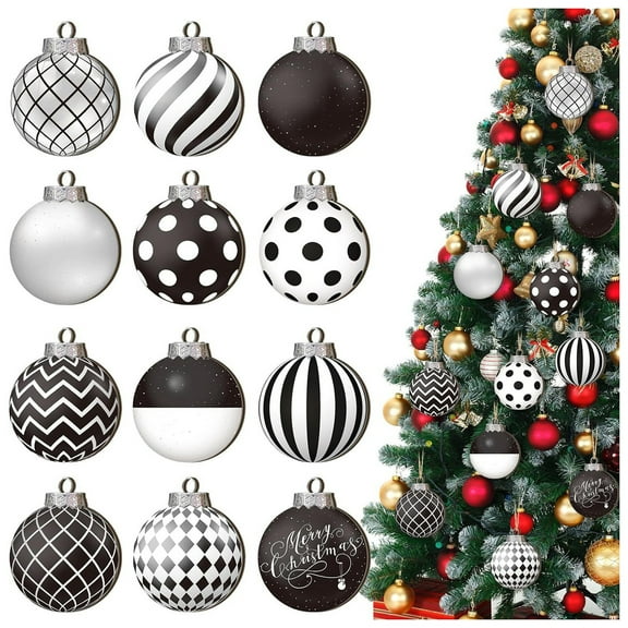 12 Pieces Wooden Christmas Ornaments 2.36 Inch 2D Black and White Winter Balls Farmhouse Christmas Decor with Checkered Stripe Dot Design for Holiday Tree Party Events Home Decoration