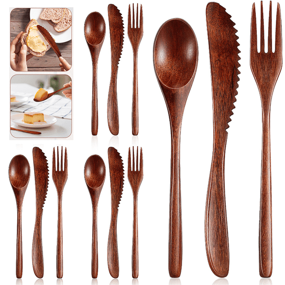 12 Pieces Wooden Spoon Fork Knife Set Wooden Utensils for Eating Wood Dinner Utensil Set Reusable Flatware Tableware for Eating Kitchen