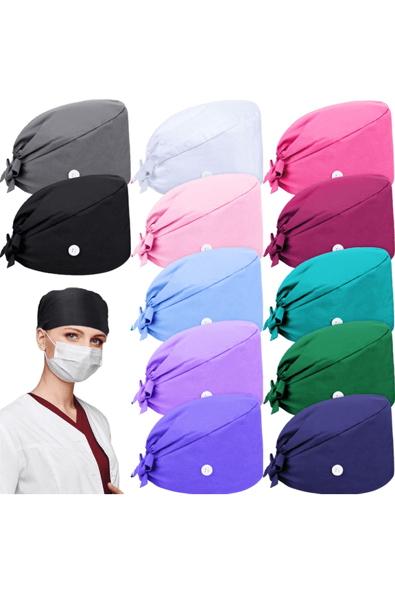 12 Pieces Working Cap Scrub Caps with Button and Sweatband, Gourd-Shaped Bouffant Hats Adjustable Tie Back Surgical Cap for Women Men