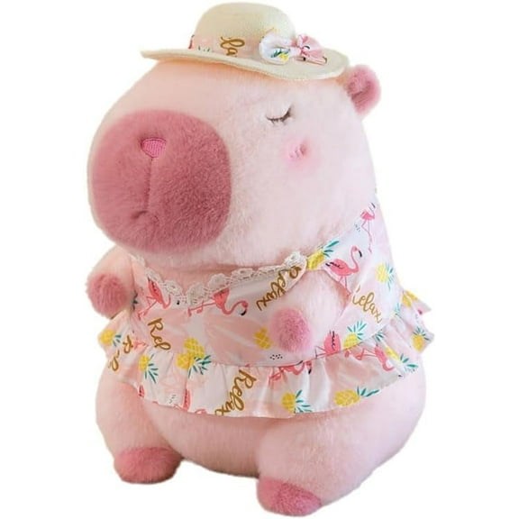 12" Pink Capybara Plush with Floral Dress & Sun Hat - Kawaii Stuffed Animal Pillow, Ultra Soft Summer Vacation Hugging Gift for Kids, Girls, Boys