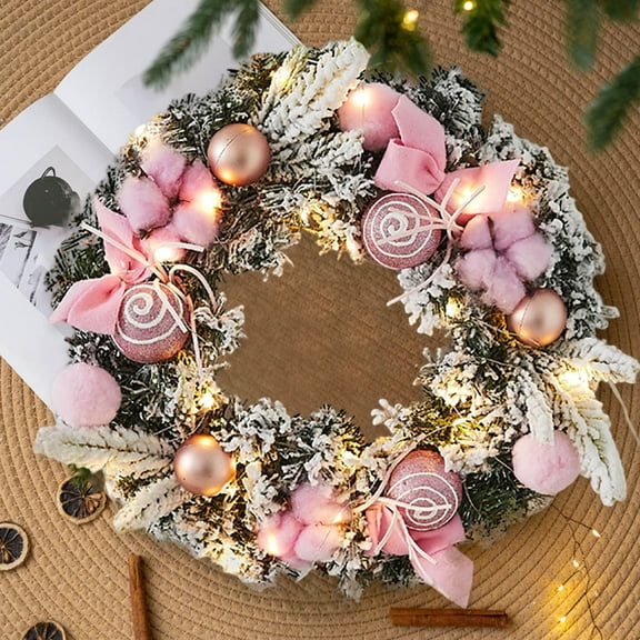 12" Pink Christmas Wreaths for Front Door with Lights Elegant Pink Christmas Door Wreath Festive Holiday Decor Frosted Winter Wreath Pink Decorations for Christmas & Wedding