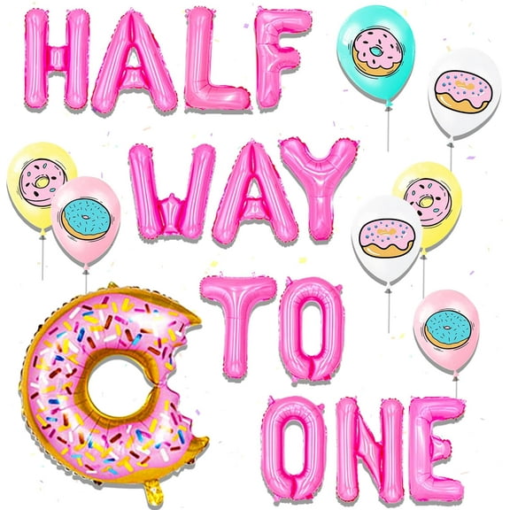 12 Pink Donut Half Year Balloon Set - Celebrate the sweet moment of your baby's "half a year".