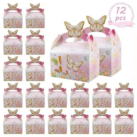 12 Pink and Purple Butterfly Floral Mountain-Shaped Gift Boxes (with Lid) - Embossable Paper Party Favor Boxes, Suitable for Weddings, Baby Showers, Birthday Party Supplies - Elegant Gift Boxes