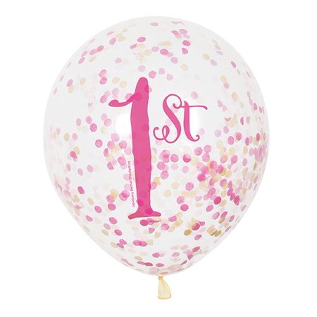 12" Pink and Gold Girl's First Birthday Confetti Balloons, 6ct