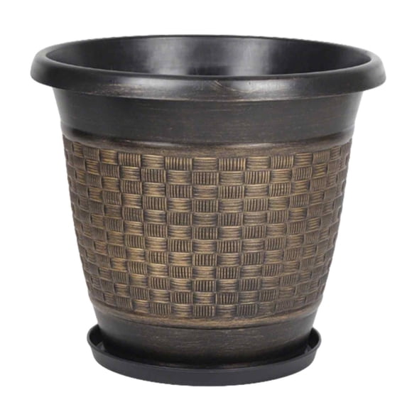12" Planter Pot with Saucer, Thickened Plastic Anti-Aging Flower Pot with Drainage Holes, Woven Texture, Plant Pot for Indoor And Outdoor Plants, Balcony, Garden,Golden,B