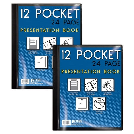 12 Pocket Bound Presentation Book, Black, Clear View Front Cover, 24 Sheet Protector Pages, 8.5" x 11" Sheets, by Better Office Products, Art Portfolio, Durable Poly Covers, Letter Size (2 Pack)