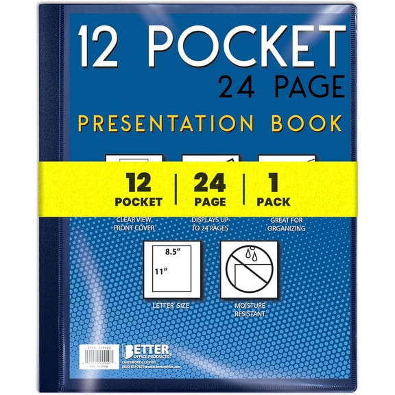 12 Pocket Bound Presentation Book, Blue with Clear View Front Cover, 24 Sheet Protector Pages, 8.5" x 11" Sheets, Art Portfolio, Durable Poly Covers, Letter Size,