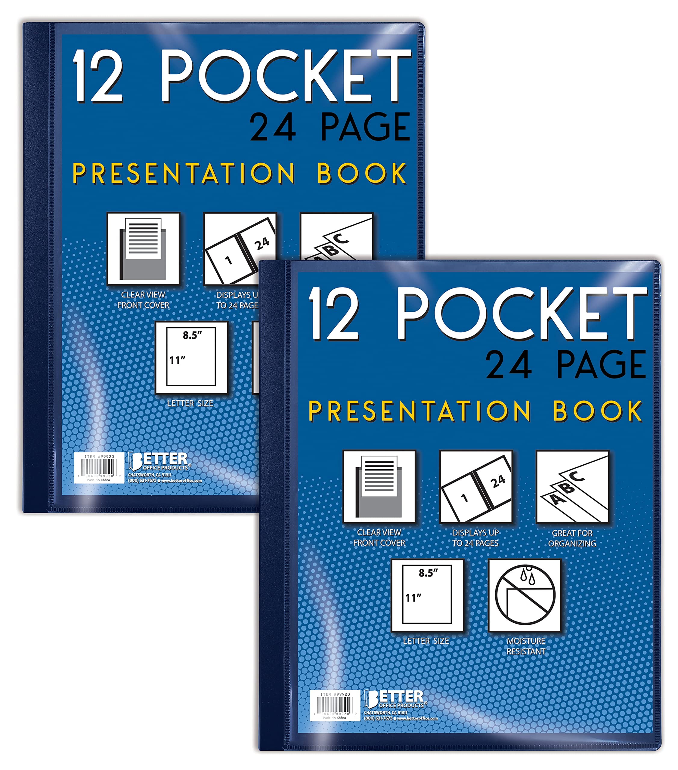 12 Pocket Bound Presentation Book, Blue, Clear View Front Cover, 24 Sheet  Protector Pages, 8.5 x 11 Sheets, by Better Office Products, Art