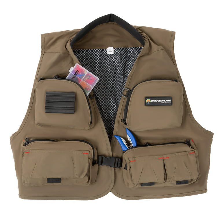 12 Pocket Fishing Vest – Lightweight Tackle Equipment Organizer Jacket with  3 D-Rings for Lake, Stream and Pond Fishing by Wakeman Outdoors (S/M)