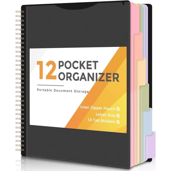 12 Pocket Organizer, Spiral Multi Pocket Folder Binder with Dividers, Black Organize Notebook