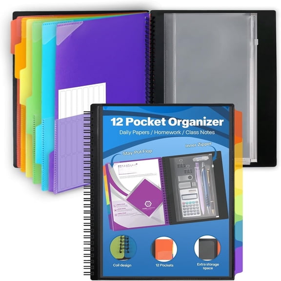 12 Pocket Poly Project Organizer with 6 Dividers, Heavyduty Folder Organizer Binder with Front Cover Pocket, Metal Wire Binding , 1/6 Cut Tabs, Letter Size, School Supplies