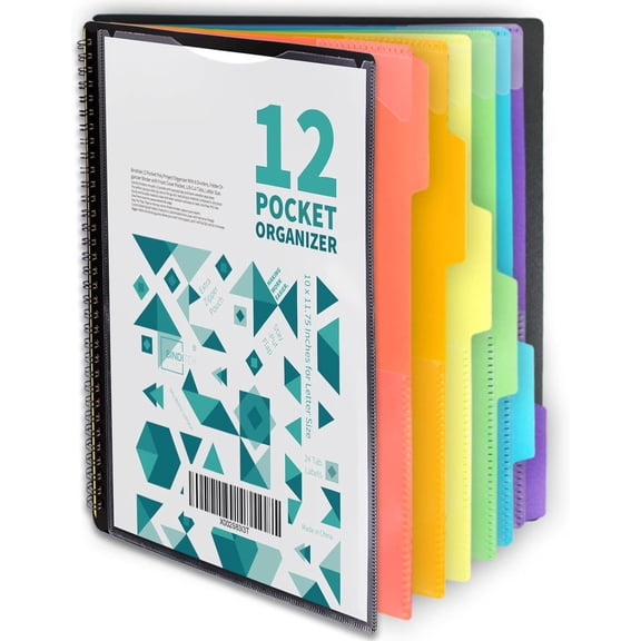 12 Pocket Poly Project Orizer with 6 Dividers, Heavyduty Folder Binder Front Cover Pocket, Metal Wire Binding Spine, 1/6 Cut Tabs, Letter Size, School Supplies