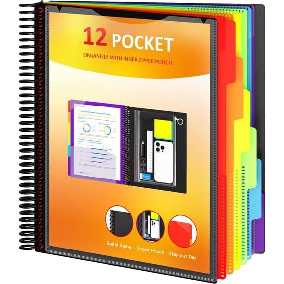 12 Pocket Project Organizer, 6 Colors Multi Pocket Folder Binder with Dividers, Spiral Pocket Notebook with Zipper Pouch, Office Organizer File Folders, Letter Size, School Supplies, Black