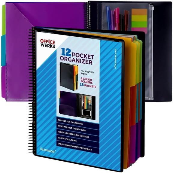 - 12 Pocket Spiral Subject Organizer with 6 Dividers, Folder Organizer Spiral Binder with Front Cover Pocket and Customizable Cover, Erasable Write On Tabs for Documents Files Projects