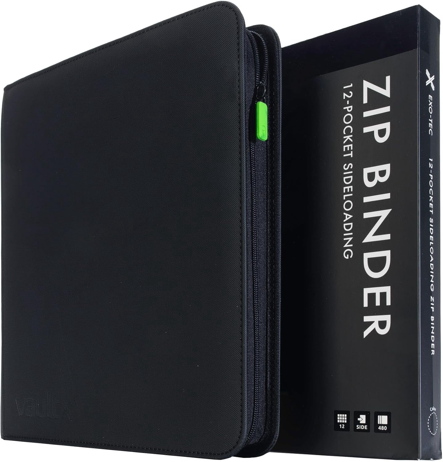12 Pocket Trading Card Zip Binder, 480 Cards,  Exo-Tec Album Material, 20 Side-Loading Pages, Folder, Sports, TCG (Black)