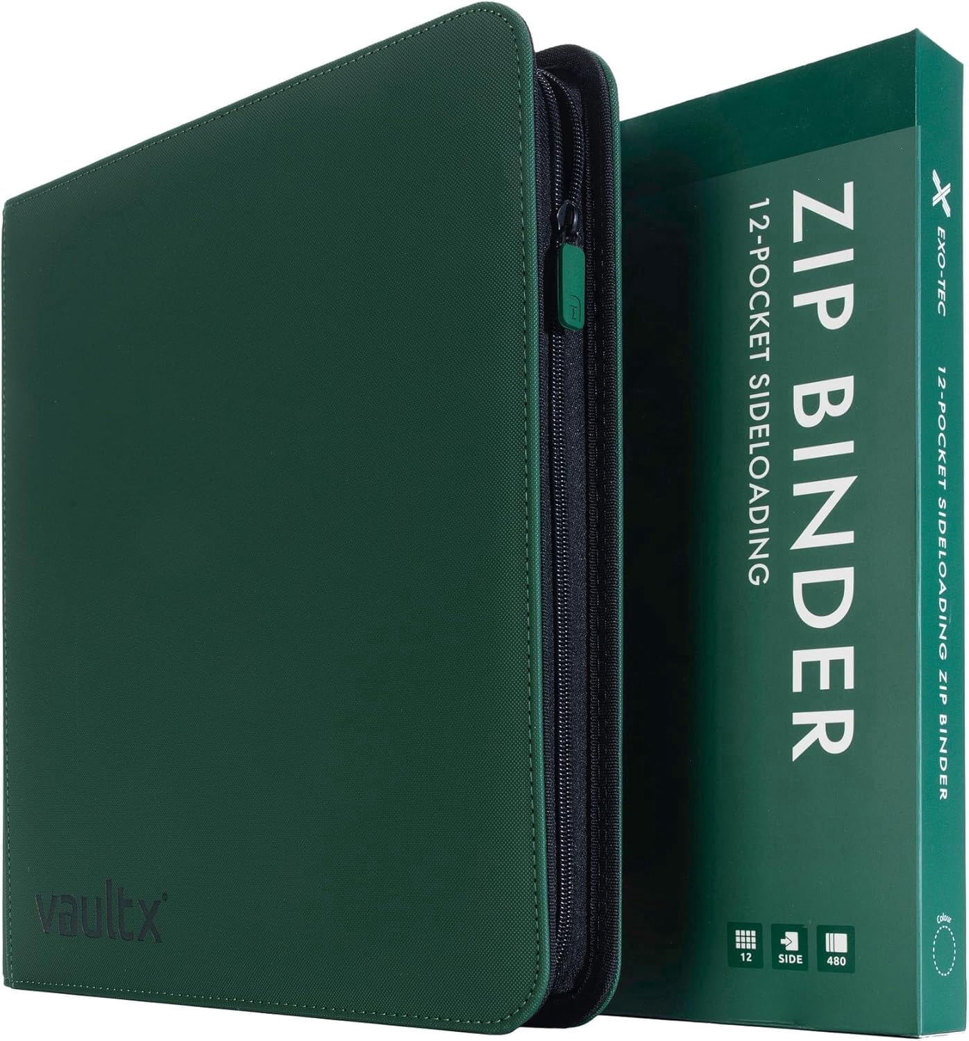 12 Pocket Trading Card Zip Binder, 480 Cards,  Exo-Tec Album Material, 20 Side-Loading Pages, Folder, Sports, TCG (Black)