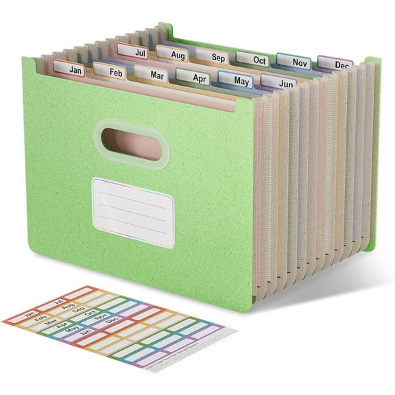 12 Pockets Accordion File Organizer, Upright & Open Top | Wheat Straw, , Monthly Bill Receipt Organizer, Letter/A4 Size for School Office - Mint Green