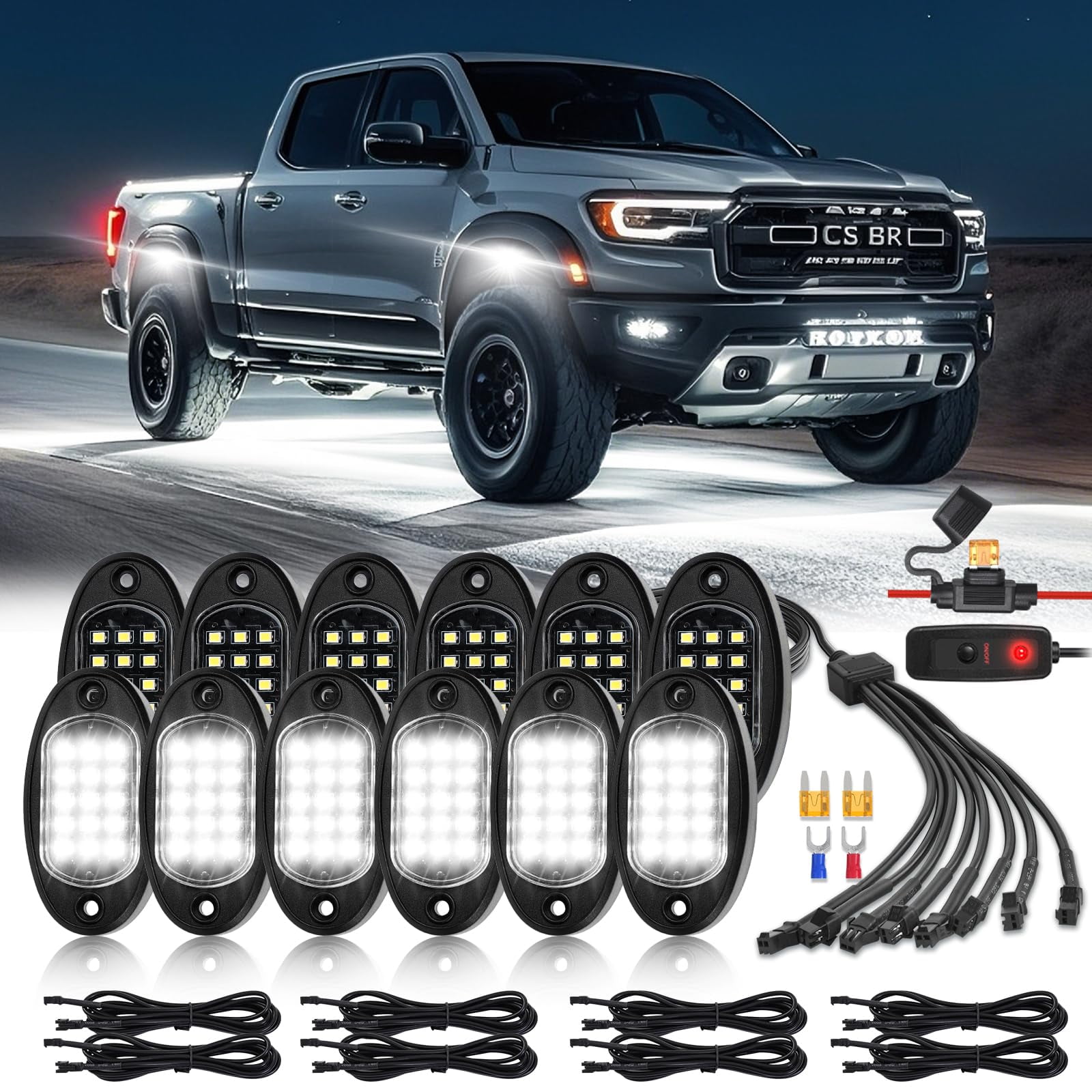 12 Pods White Rock Lights Kit - IP68 Waterproof LED Underglow For Cars & Trucks